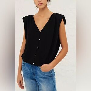 ba&sh black v neck shoulder pads pleated shoulder blouse top cap sleeve